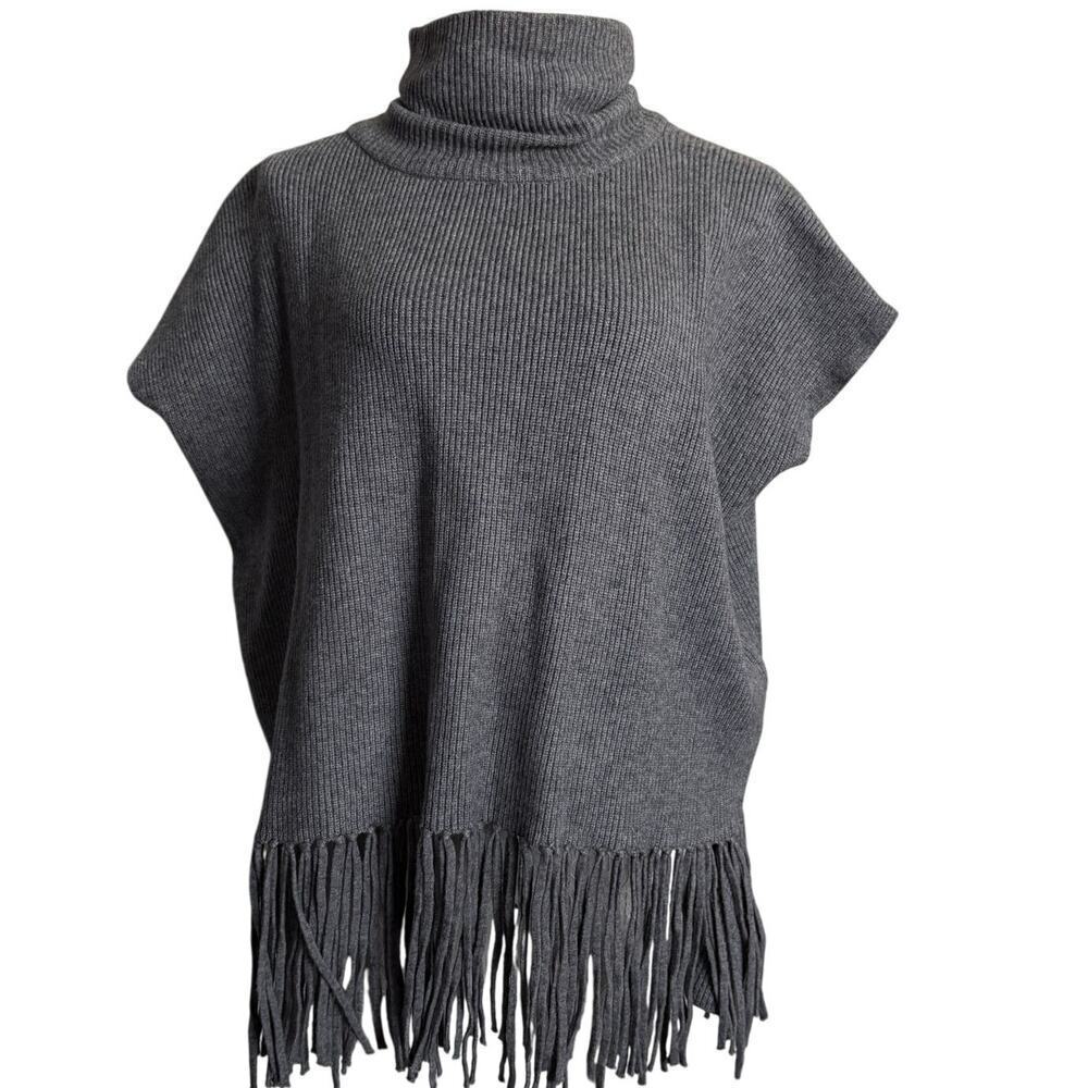 FRINGE Molly Bracken Gray Knit Poncho Sweater Turtleneck Pullover One Sz